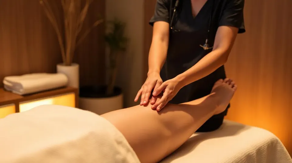 Fisioterapeuta realizando drenaje linfático manual en pierna de paciente