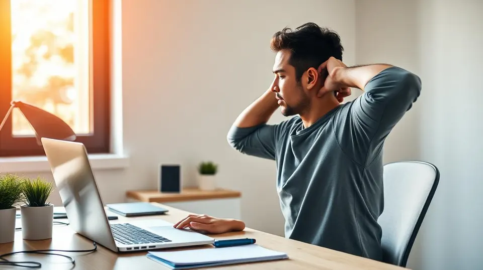 Hombre estirando el cuello mientras trabaja desde casa frente al computador