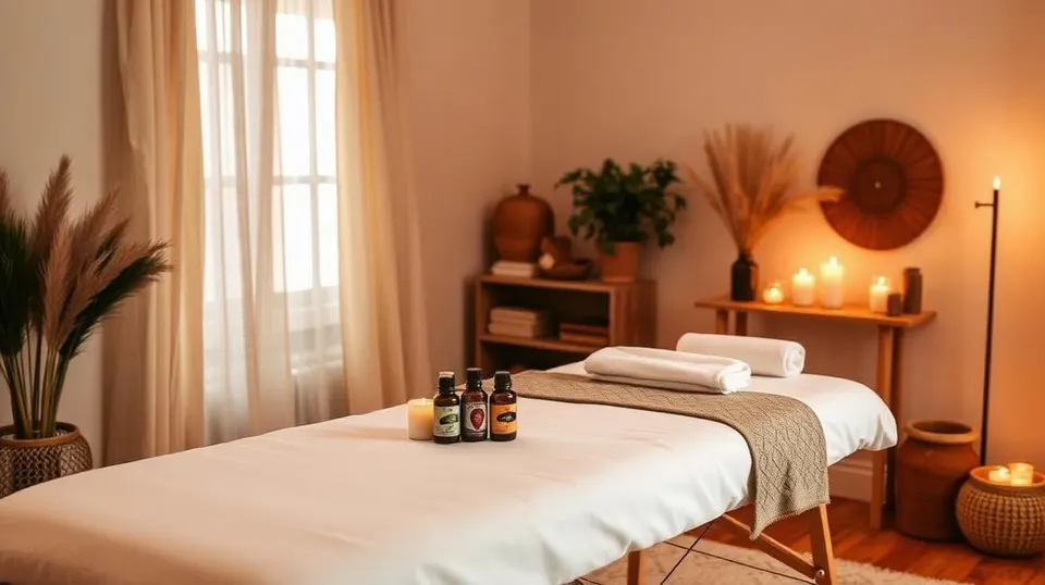 Camilla de masaje preparada con sábanas blancas, aceites y velas en una habitación acogedora
