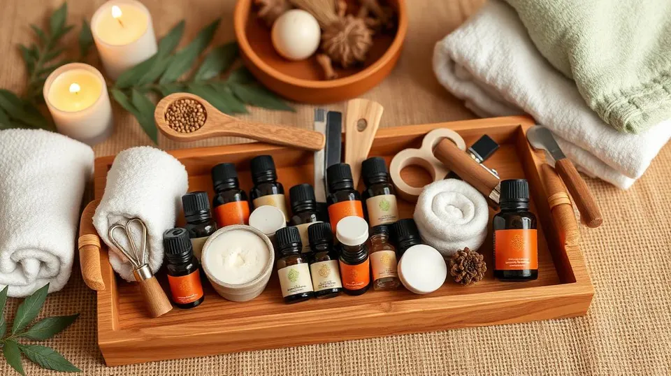 Aceites esenciales y herramientas de masaje sobre bandeja de madera